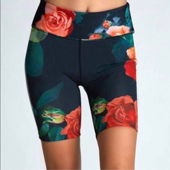 Noli Pants - Noli - black and rose floral bike shorts with white stripe